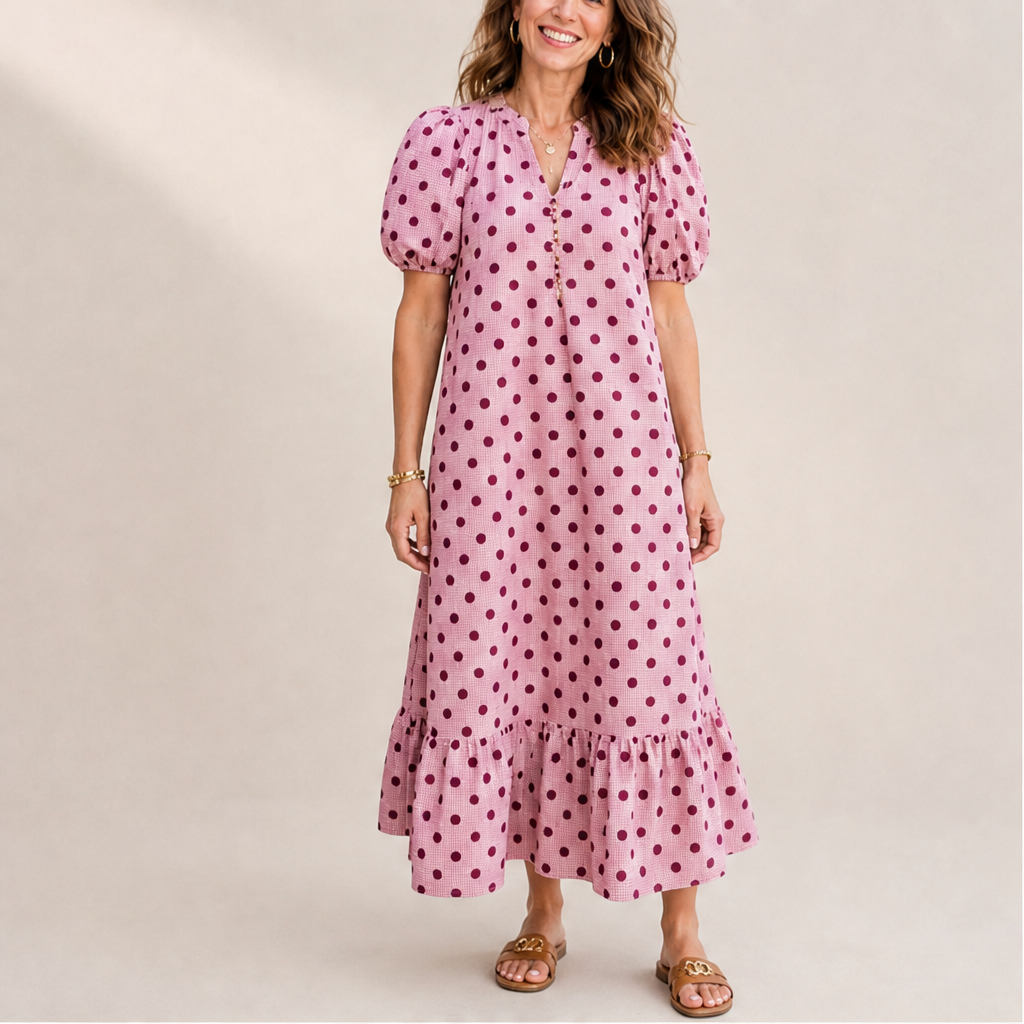Pink Polka Dot Midi Dress | Puff Sleeve Gingham Tiered Dress - V-Neck Button Front lifestyle