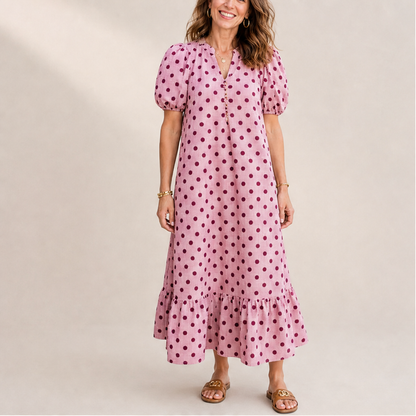 Pink Polka Dot Midi Dress | Puff Sleeve Gingham Tiered Dress - V-Neck Button Front lifestyle