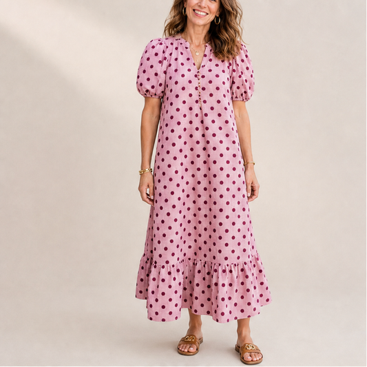Pink Polka Dot Midi Dress | Puff Sleeve Gingham Tiered Dress - V-Neck Button Front lifestyle