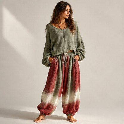 Olive Ombre Two Piece Matching Set | Bohemian Cotton Gauze Top & Harem Trousers - Loose Casual Style lifestyle