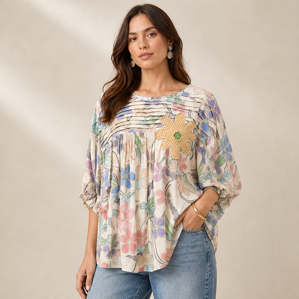 Ivory Floral Print Blouse | Pleated Applique Puff Sleeve Top - Loose Fit Cotton Blend lifestyle