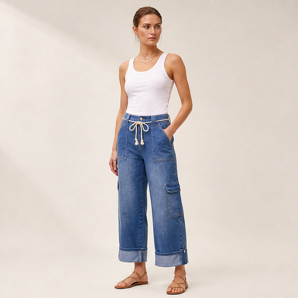 Wide Leg Cargo Trousers | Casual Denim-Style Pants for Women - Rope Tie Waist with Cargo Pockets lifestyle