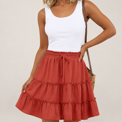 Rust Tiered Skort | Flowy Ruffle Mini Skirt with Built-In Shorts - Pockets & Drawstring Waist lifestyle