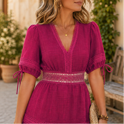 Marisol Women's V-Neck Lace Trim Puff Sleeve Tiered Ruffle Linen-Look Dress lifestyle