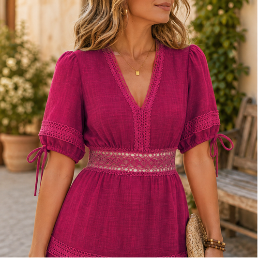 Marisol Women's V-Neck Lace Trim Puff Sleeve Tiered Ruffle Linen-Look Dress lifestyle