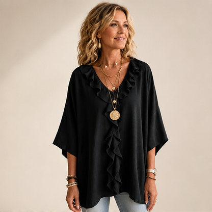 Black Ruffle V-Neck Blouse | Relaxed Fit Top for Women - Textured Three-Quarter Sleeve lifestyle
