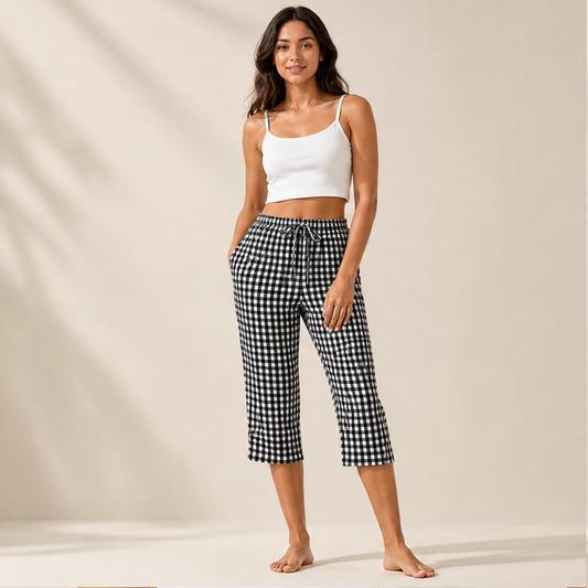 Gingley Women's Cotton-Linen Gingham Capri Pants with Pockets - Drawstring Elastic Waist Summer Trousers lifestyle
