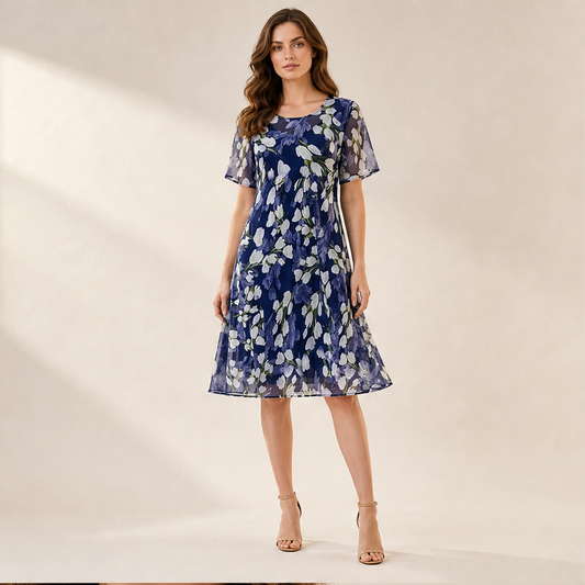 Navy Floral Chiffon A-Line Dress | Double-Layer Midi with Flutter Sleeves - Women's Occasion Wear lifestyle