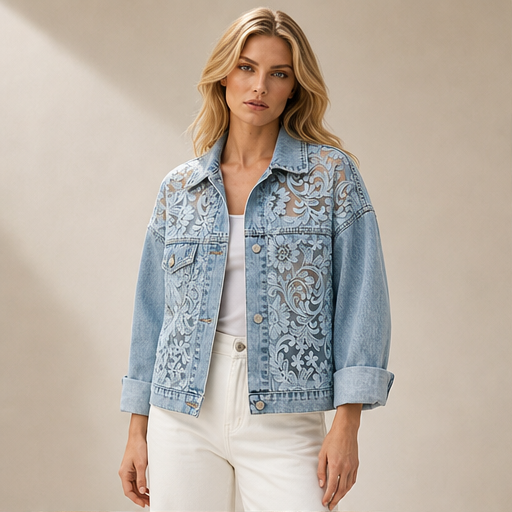 Light Wash Floral Lace Denim Jacket | Loose Fit Patchwork Trucker - Women's Cotton Blend Outerwear lifestyle