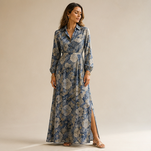 Blue Floral Maxi Dress | Vintage Oil Painting Print Shirt Dress - Long Sleeve Straight Cut with Side Pockets lifestyle