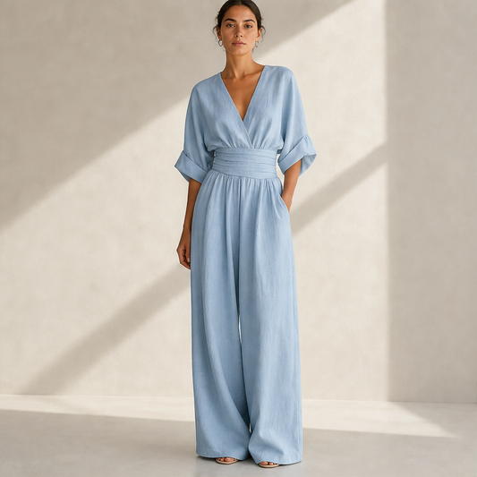 Light Blue V-Neck Jumpsuit | Wide-Leg Linen-Blend Playsuit - Wrap Waist Casual Wear lifestyle
