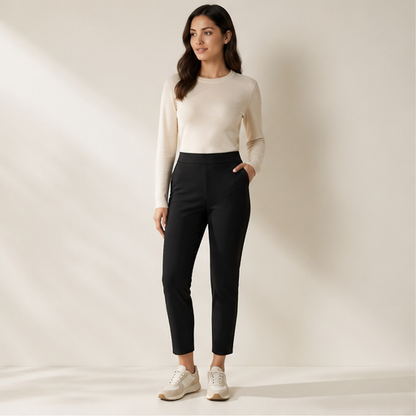 Black High-Waisted Ankle Trousers | Fitted Zip-Pocket Stretch Trousers for Women lifestyle
