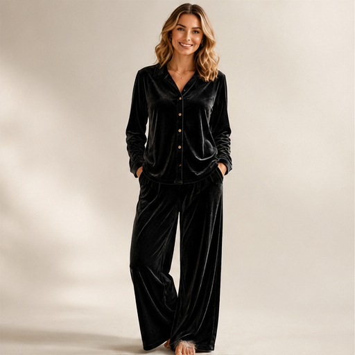 Black Velvet Loungeset | Two-Piece Shirt & Wide Leg Trouser Set for Women lifestyle