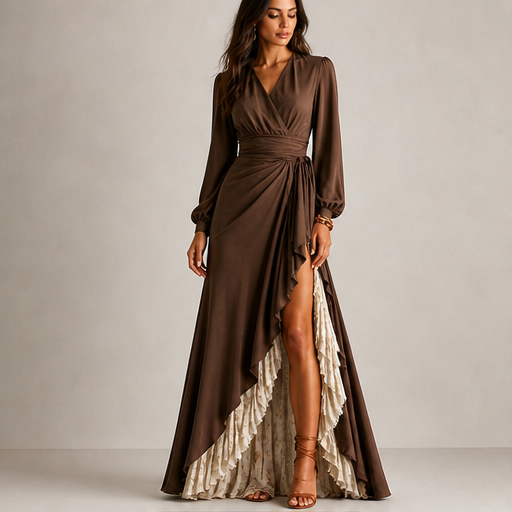 Brown Wrap V-Neck Maxi Dress | Lantern Sleeve Formal Gown - Ruffle Slit Two-Layer Skirt lifestyle