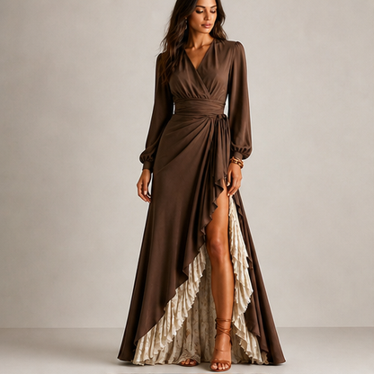 Brown Wrap V-Neck Maxi Dress | Lantern Sleeve Formal Gown - Ruffle Slit Two-Layer Skirt lifestyle