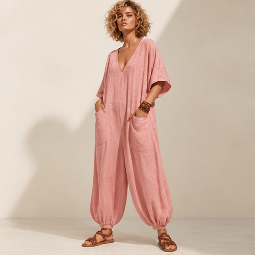 Rose V-Neck Jumpsuit | Relaxed Linen-Blend Playsuit for Women - Wide Leg with Pockets lifestyle
