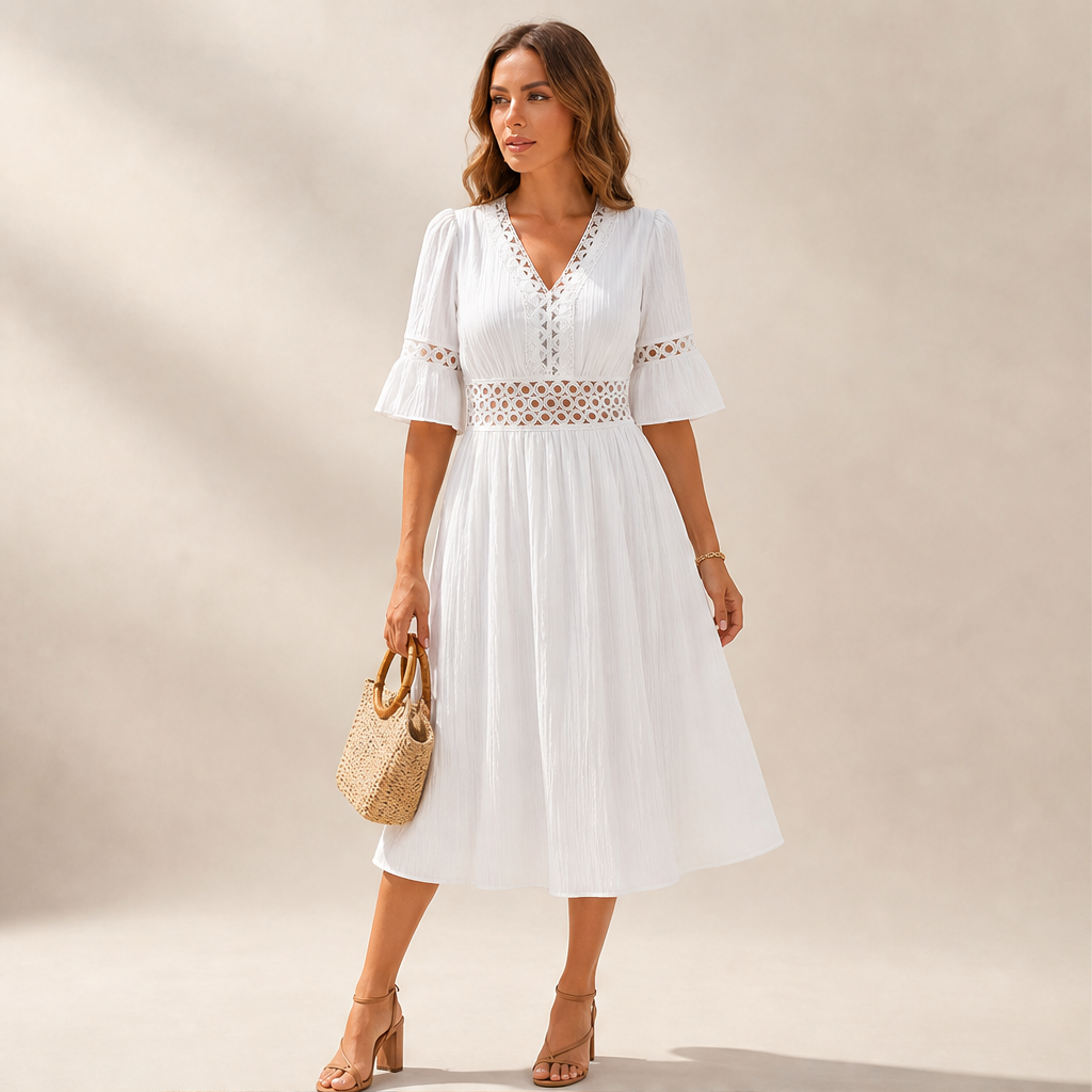 White V-Neck Midi Dress | Lace Cutout Textured Cotton Dress - Flutter Sleeve lifestyle