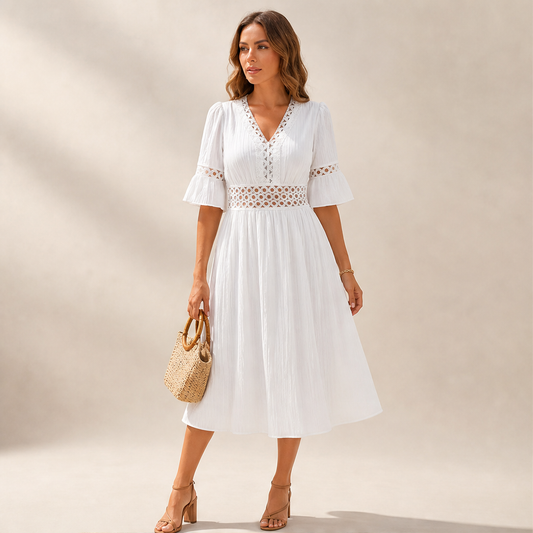 White V-Neck Midi Dress | Lace Cutout Textured Cotton Dress - Flutter Sleeve lifestyle