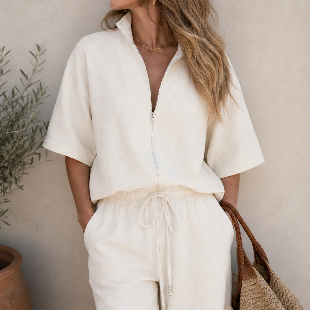 Cream Zip Neck Top and Trousers Set | Casual Two-Piece Loungewear - Wide Leg Drawstring Trousers lifestyle