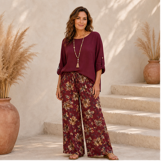 Marisol Women's Boho Two-Piece Cotton Linen Top & Wide-Leg Trouser Set - Floral Print Roll-Sleeve Blouse & Palazzo Trousers lifestyle