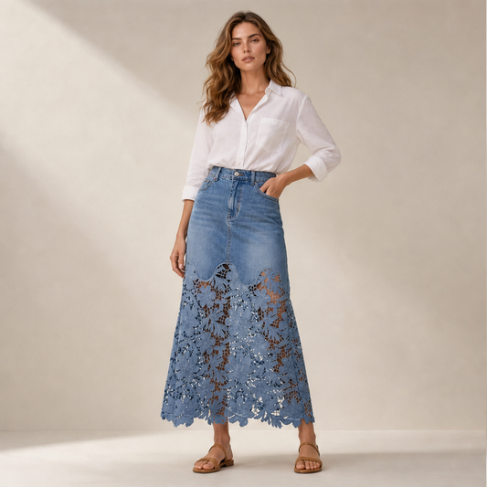 Denim Lace Hem Maxi Skirt | High-Waisted A-Line Style - Floral Crochet Trim lifestyle