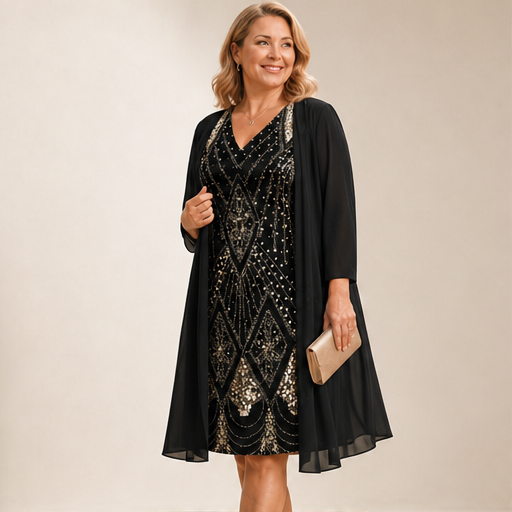Black Sequin V-Neck Dress & Jacket Set | Two-Piece Evening Outfit with Sheer Chiffon Duster lifestyle