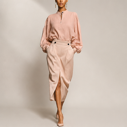 Pink Stand Collar Shirt & Midi Skirt Set | Two-Piece Suit - High-Waisted Skirt with Front Slit lifestyle