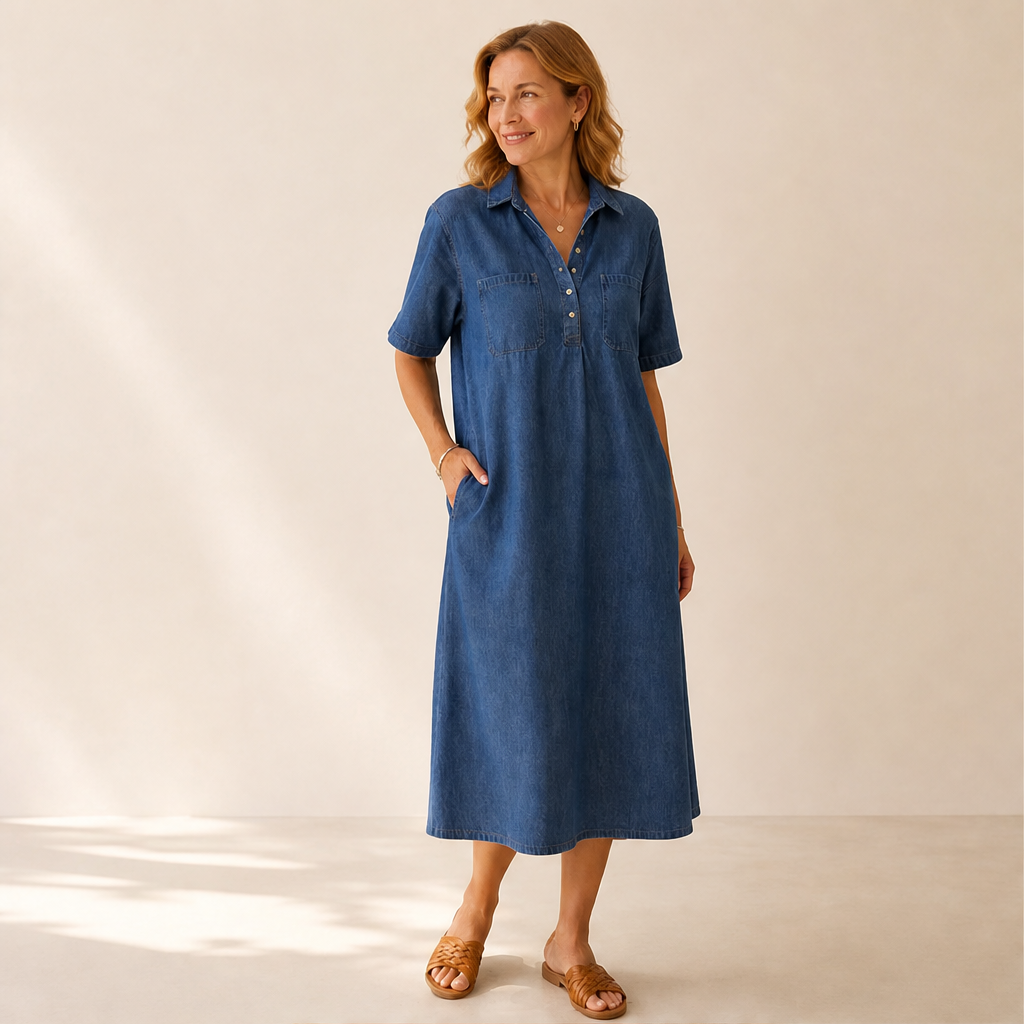 Denim Midi Shirt Dress | Casual Short Sleeve Dress with Pockets - Relaxed Fit lifestyle