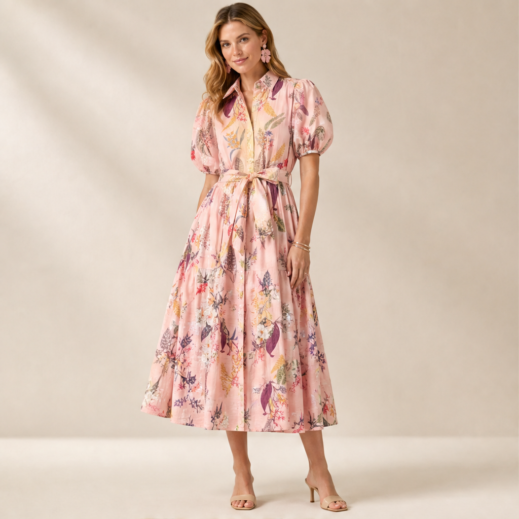 Pink Floral Belted Midi Shirt Dress | Puff Sleeve Botanical Print - Collared Tea Dress with Tie Waist lifestyle