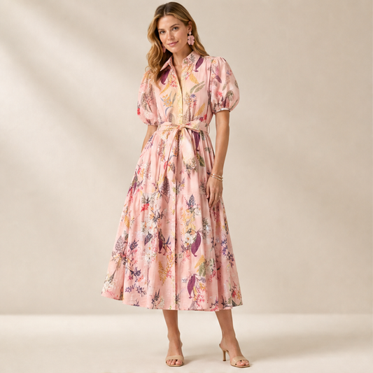 Pink Floral Belted Midi Shirt Dress | Puff Sleeve Botanical Print - Collared Tea Dress with Tie Waist lifestyle