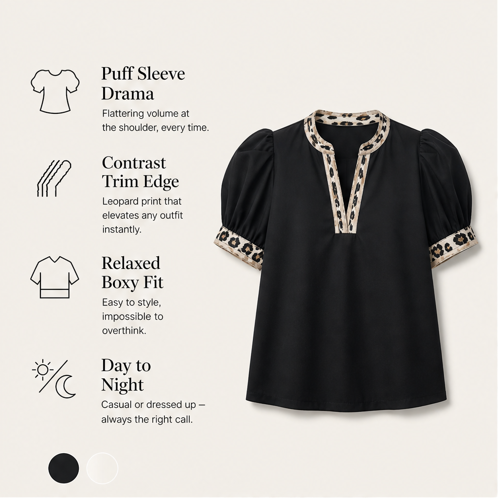 Marisol Women's Puff Sleeve Leopard Contrast Split Neckline Blouse Top features