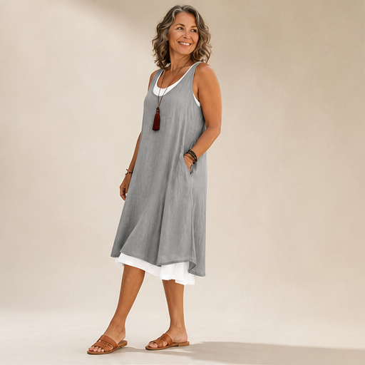 Grey Sleeveless Midi Dress | Fake 2-Piece Linen Blend A-Line - Mock Layered Hem with Pockets lifestyle