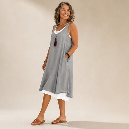 Grey Sleeveless Midi Dress | Fake 2-Piece Linen Blend A-Line - Mock Layered Hem with Pockets lifestyle