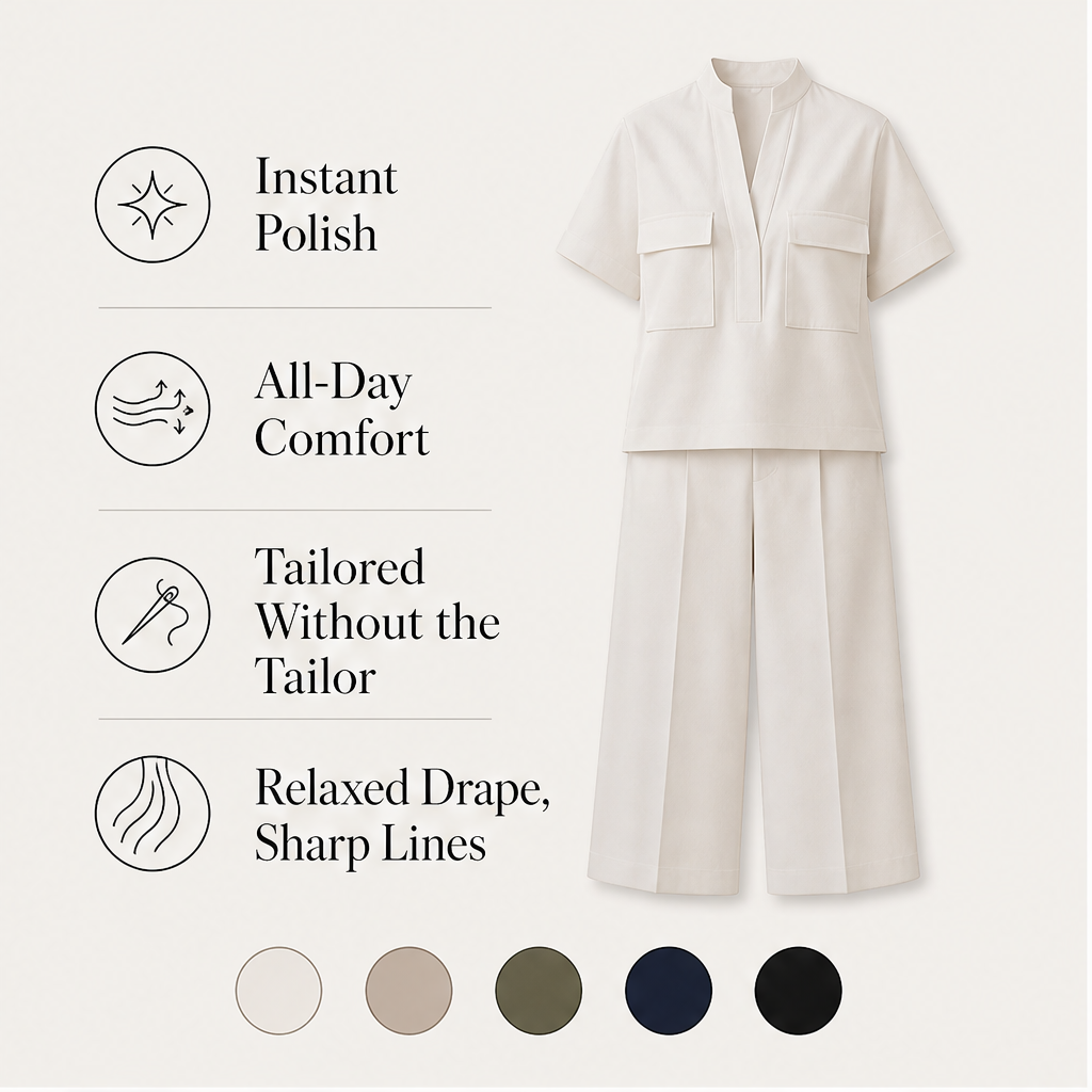 Aveline Women's Tailored Two-Piece Co-ord Set - Wide-Leg Trousers & Short-Sleeve Top Loose Fit Solid Colour Suit features