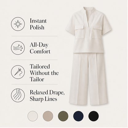 Aveline Women's Tailored Two-Piece Co-ord Set - Wide-Leg Trousers & Short-Sleeve Top Loose Fit Solid Colour Suit features