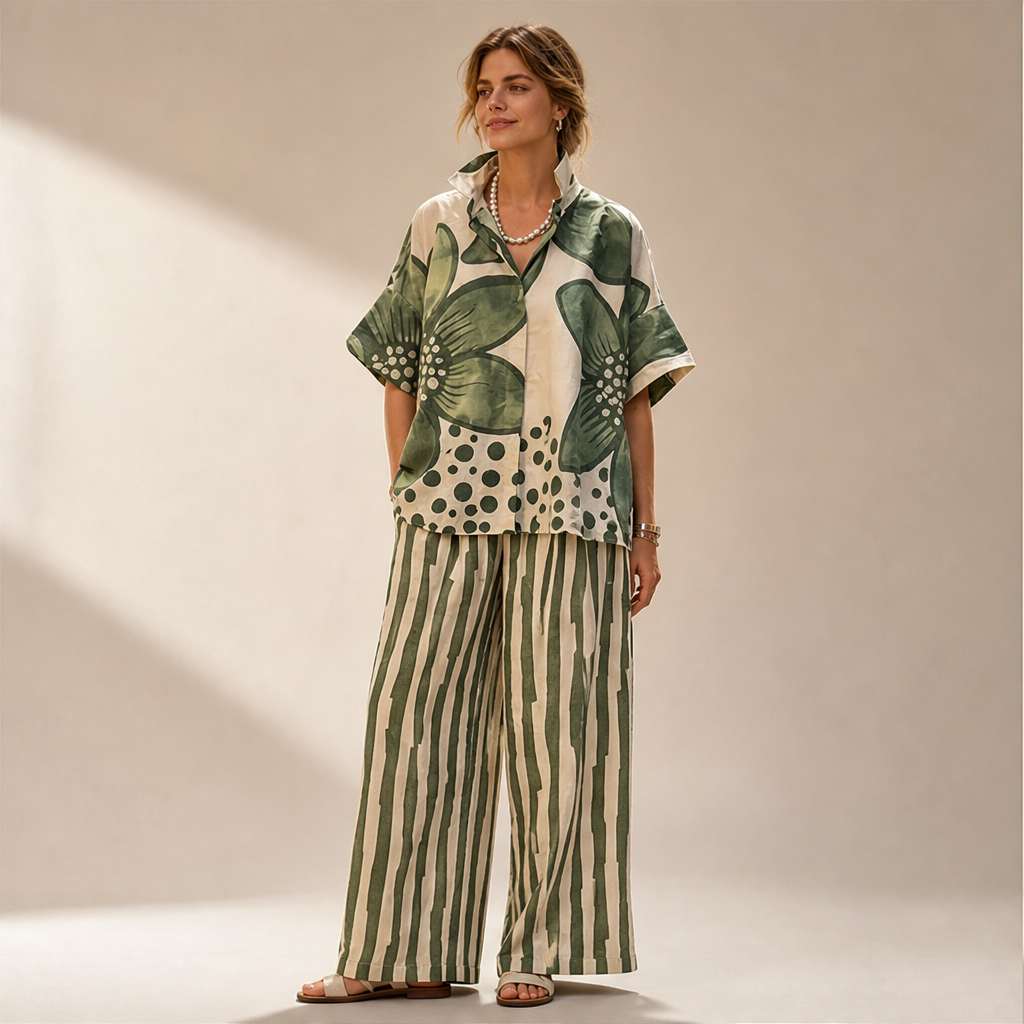 Green Floral Print Two-Piece Set | Short Sleeve Top & Wide Leg Trousers - Women's Loose Fit Matching Set lifestyle