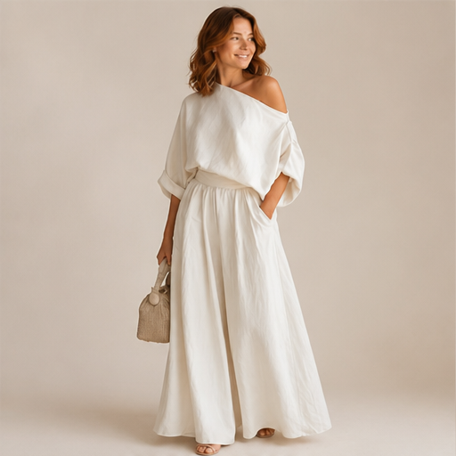 Ivory Off-Shoulder Wide Leg Set | Two-Piece Linen-Look Top & Trousers - Matching Set for Women lifestyle