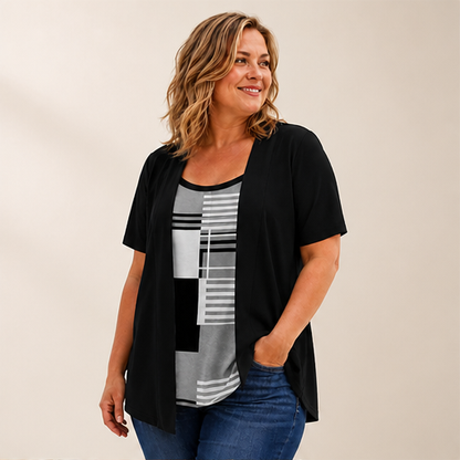 Black Fake Two Piece Top | Colour-Block Layered Look Blouse - Short Sleeve Cardigan Style lifestyle