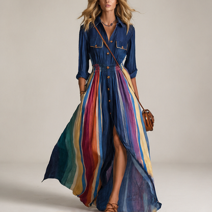 Navy Collar Rainbow Stripe Maxi Dress | Boho Shirt Dress with Elastic Waist - Long Length Split Skirt lifestyle