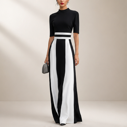 Black White Striped Maxi Dress | Mock Neck Formal Gown - Short Sleeve Colour Block Evening Dress lifestyle