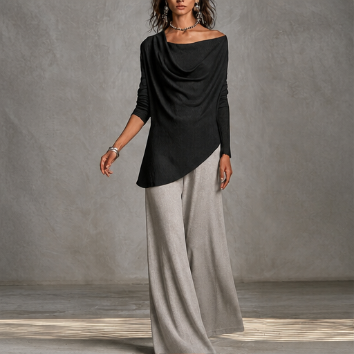 Black Cowl Neck Two Piece Set | Off Shoulder Top & Wide Leg Trousers - Women's Matching Outfit lifestyle