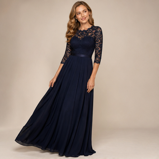 Navy Lace Maxi Dress | Elegant Evening Gown for Women - High-Waisted with Three-Quarter Sleeves lifestyle