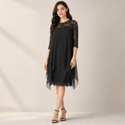 Black Lace Asymmetrical Hem Dress | Elegant Occasion Wear for Women - 3/4 Sleeve Chiffon Overlay lifestyle