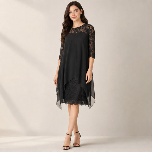 Black Lace Asymmetrical Hem Dress | Elegant Occasion Wear for Women - 3/4 Sleeve Chiffon Overlay lifestyle