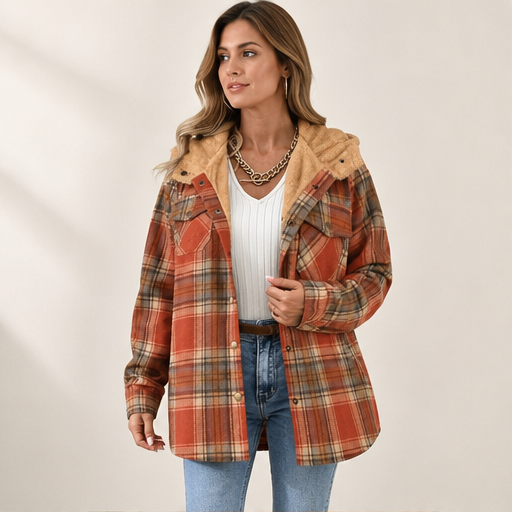 Rust Plaid Flannel Shacket | Hooded Sherpa-Lined Jacket for Women - Thick Checked Coat lifestyle