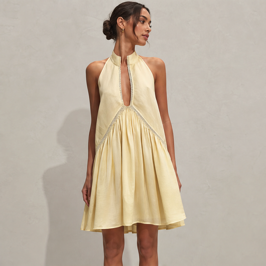 Marigold Women's Sleeveless Deep V-Neck Lace Trim Mini Dress - Flowy Halterneck Summer Dress lifestyle