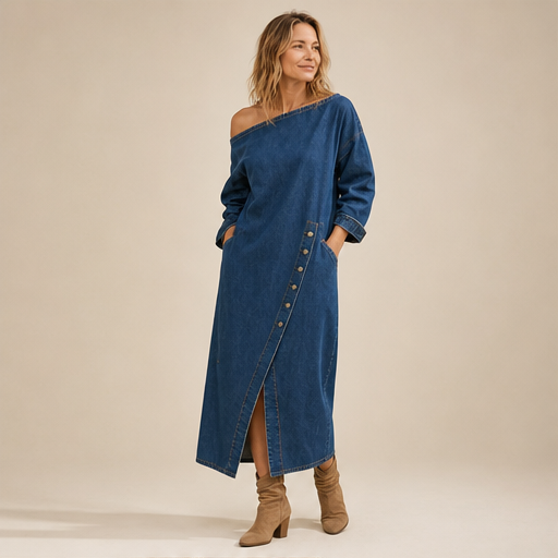 Denim Off-Shoulder Dress | Midi Length Casual Dress - Long Sleeve with Button Front Split lifestyle