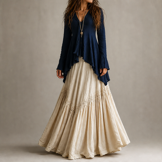 Navy Two Piece Maxi Skirt Set | Boho Asymmetric Top & Tiered Skirt - Long Sleeve Outfit lifestyle