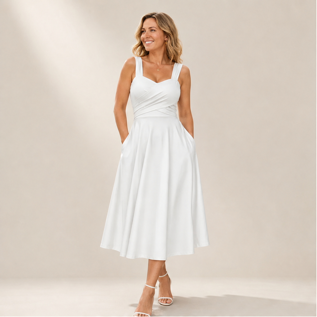 White Criss-Cross Waist Midi Dress | Fit and Flare A-Line Dress for Women - Sweetheart Neckline with Pockets lifestyle