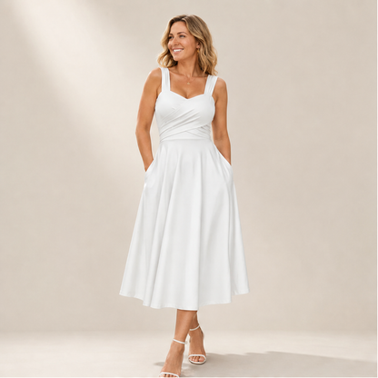 White Criss-Cross Waist Midi Dress | Fit and Flare A-Line Dress for Women - Sweetheart Neckline with Pockets lifestyle